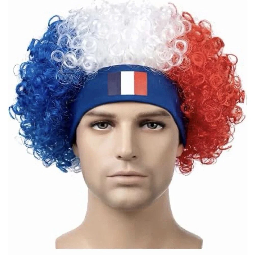 Soccer Match France Flag Color Explosion Hair Wig Fan Hairpiece with glasses